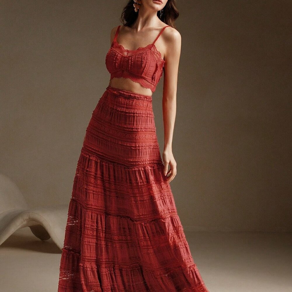 Red Elegant Women's Lace Camisole And Extra Long Skirt set